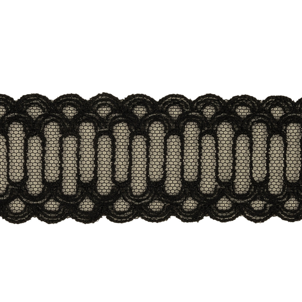 Black Scalloped Abstract Embroidered Lace Trim - 1.375"