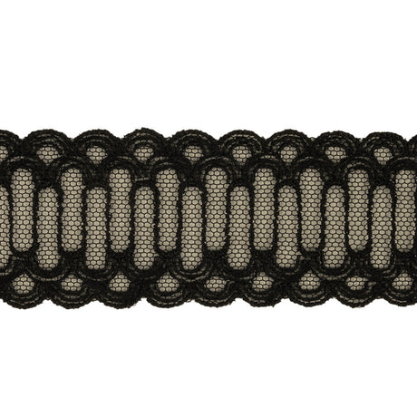 Black Scalloped Abstract Embroidered Lace Trim - 1.375"