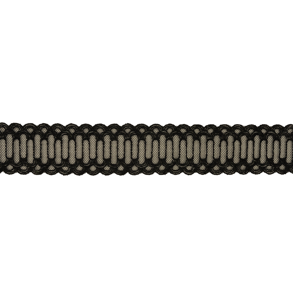 Black Scalloped Abstract Embroidered Lace Trim - 1.375"