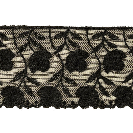 Black Tulips Embroidered Lace Trim - 2.25"