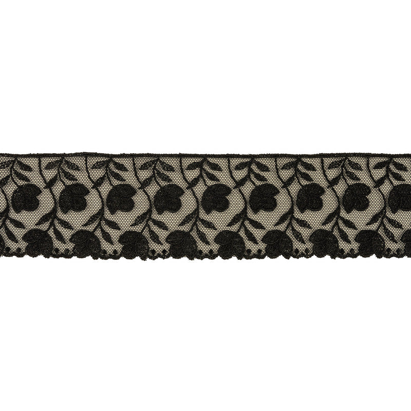 Black Tulips Embroidered Lace Trim - 2.25"