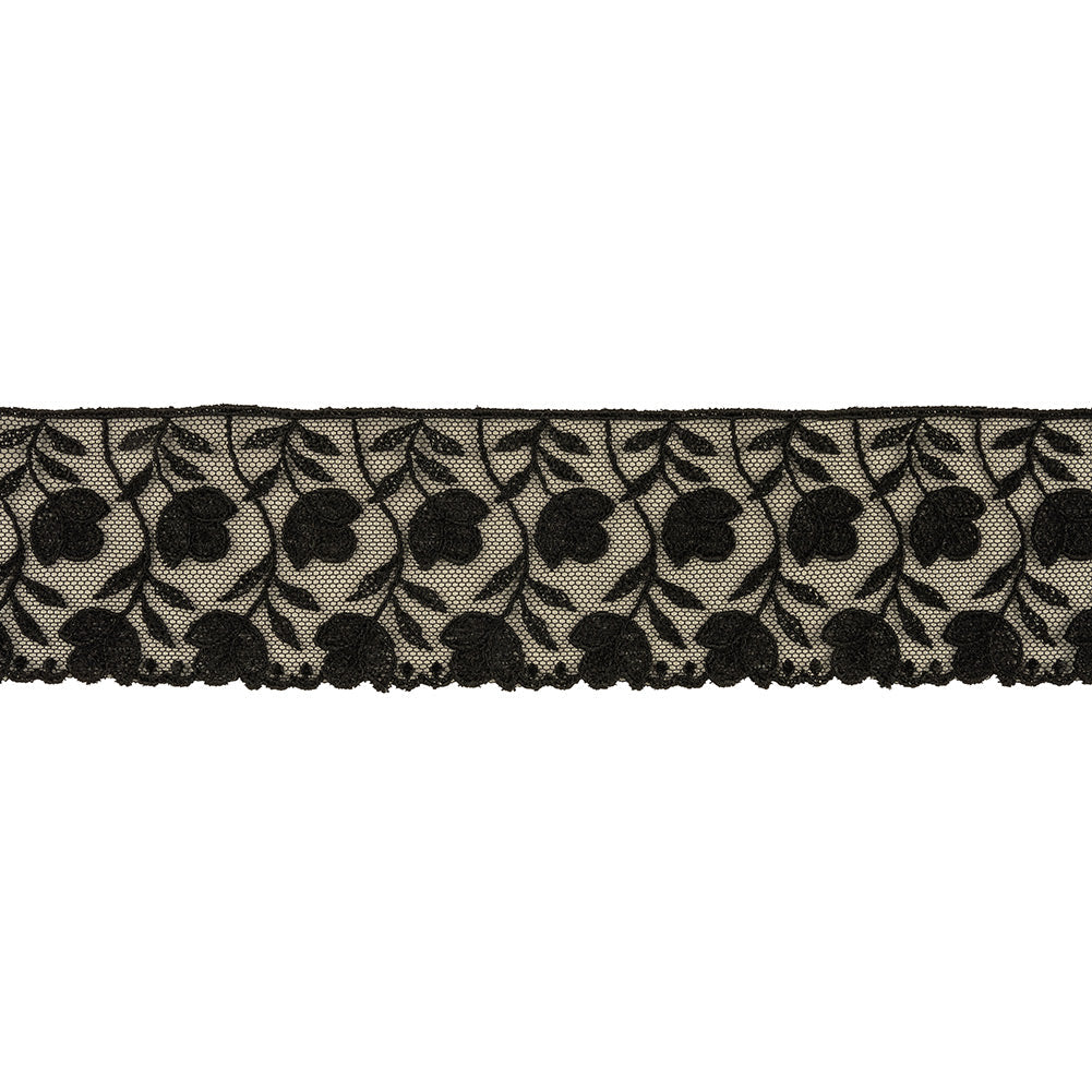 Black Tulips Embroidered Lace Trim - 2.25"