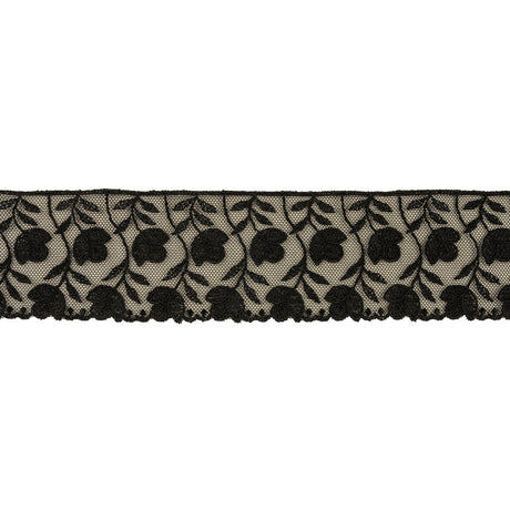 Black Tulips Embroidered Lace Trim - 2.25"