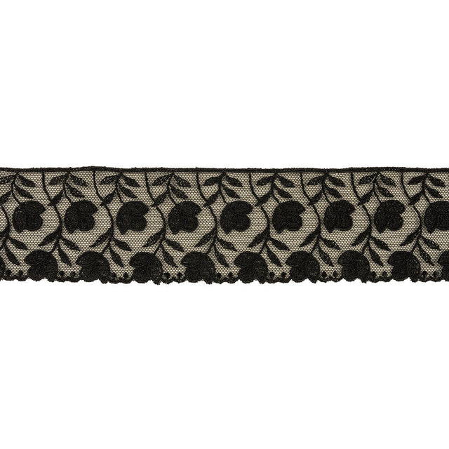 Black Tulips Embroidered Lace Trim - 2.25"