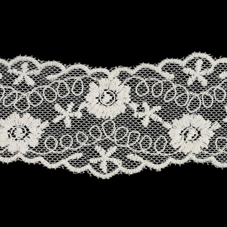 White Flowers and Loop de Loops Zig Zag Embroidered Lace Trim - 1.625"