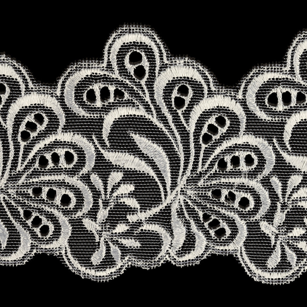 White Luminous Leafy Stems Embroidered and Eyelet Lace Trim - 3"