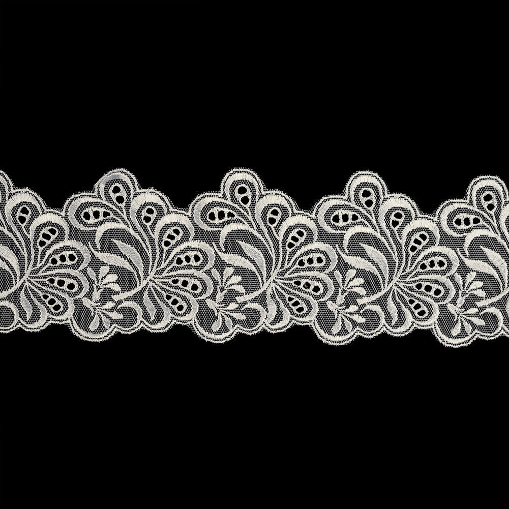 White Luminous Leafy Stems Embroidered and Eyelet Lace Trim - 3"