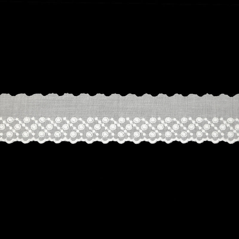 White Three-Row Dots Cotton Embroidered Lace Trim with Finished Scalloped Edge - 1.75"