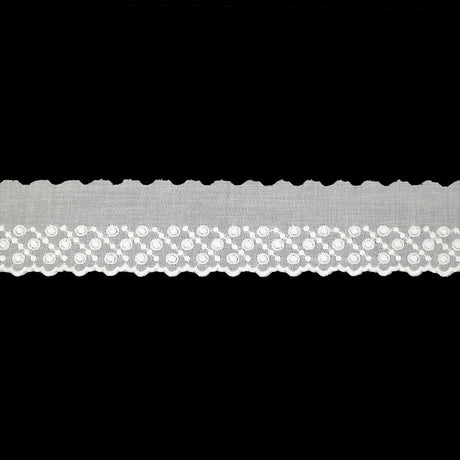 White Three-Row Dots Cotton Embroidered Lace Trim with Finished Scalloped Edge - 1.75"
