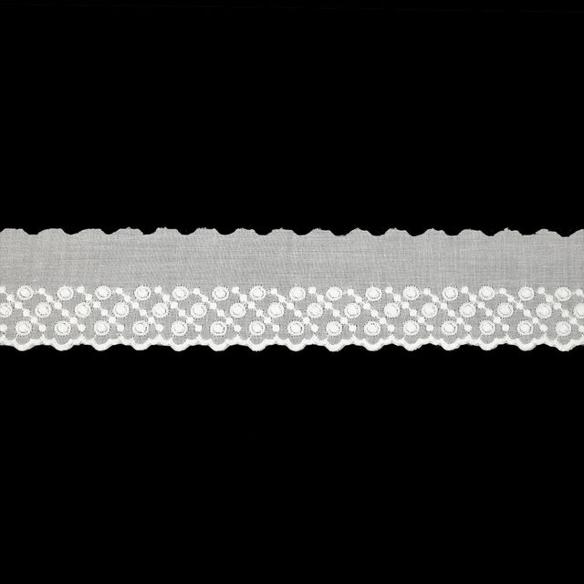 White Three-Row Dots Cotton Embroidered Lace Trim with Finished Scalloped Edge - 1.75"