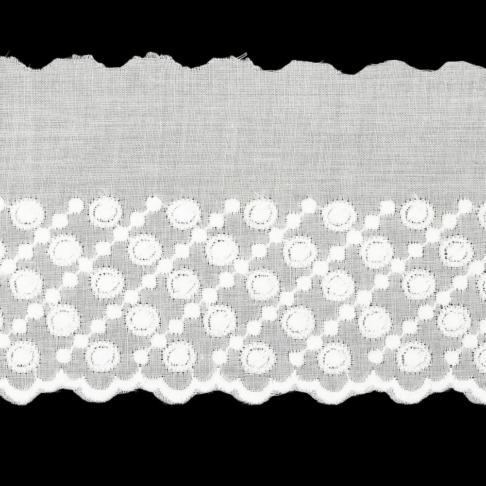 White Five-Row Dots Cotton Embroidered Lace Trim with Finished Scalloped Edge - 2.25"
