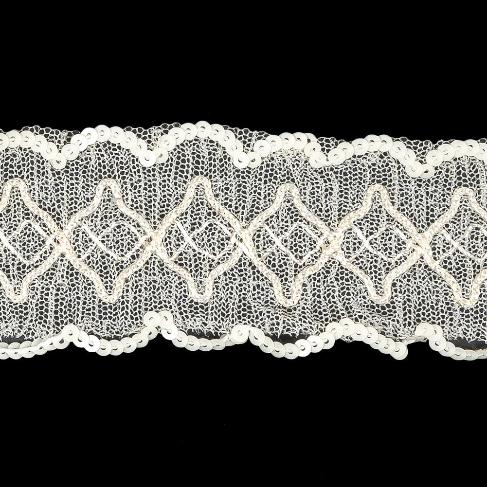 Iridescent Ivory Diamonds Embroidered and Sequined Lace Trim - 1.625"