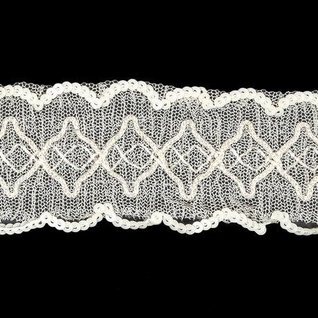 Iridescent Ivory Diamonds Embroidered and Sequined Lace Trim - 1.625"