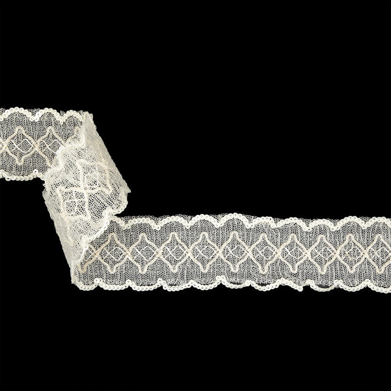 Iridescent Ivory Diamonds Embroidered and Sequined Lace Trim - 1.625"