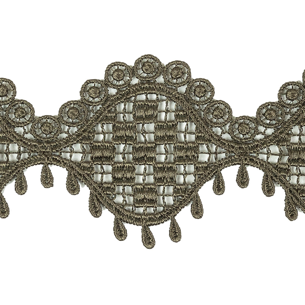 Olive Green Checks, Ogee, and Circles Venise Lace Trim with Teardrop Fringe - 2.125"