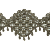 Olive Green Checks, Ogee, and Circles Venise Lace Trim with Teardrop Fringe - 2.125"