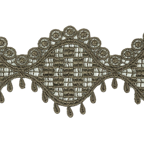 Olive Green Checks, Ogee, and Circles Venise Lace Trim with Teardrop Fringe - 2.125"