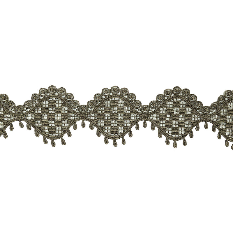 Olive Green Checks, Ogee, and Circles Venise Lace Trim with Teardrop Fringe - 2.125"
