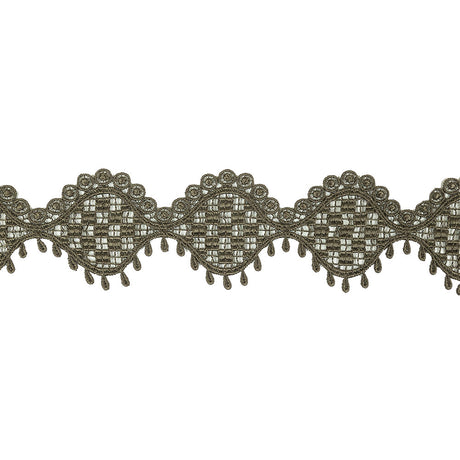 Olive Green Checks, Ogee, and Circles Venise Lace Trim with Teardrop Fringe - 2.125"
