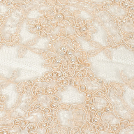 Pale Peach Beaded and Sequined Floral Corded Lace Trim with Eyelash Fringe - 8"