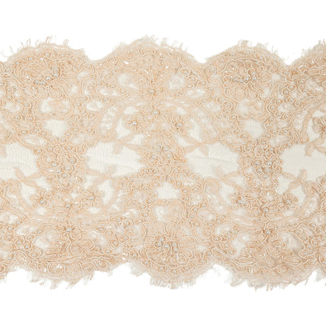 Pale Peach Beaded and Sequined Floral Corded Lace Trim with Eyelash Fringe - 8"