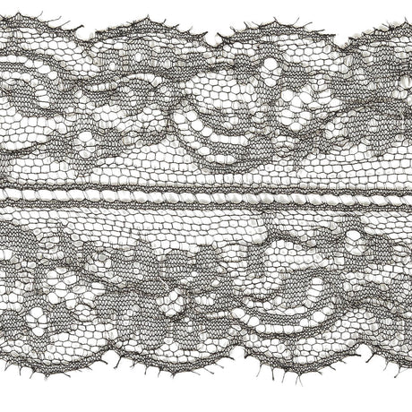 Black and Metallic Silver Floral Chantilly Lace Trim with Eyelash Fringe - 3.25"
