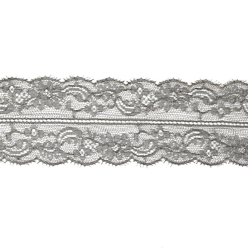 Black and Metallic Silver Floral Chantilly Lace Trim with Eyelash Fringe - 3.25"