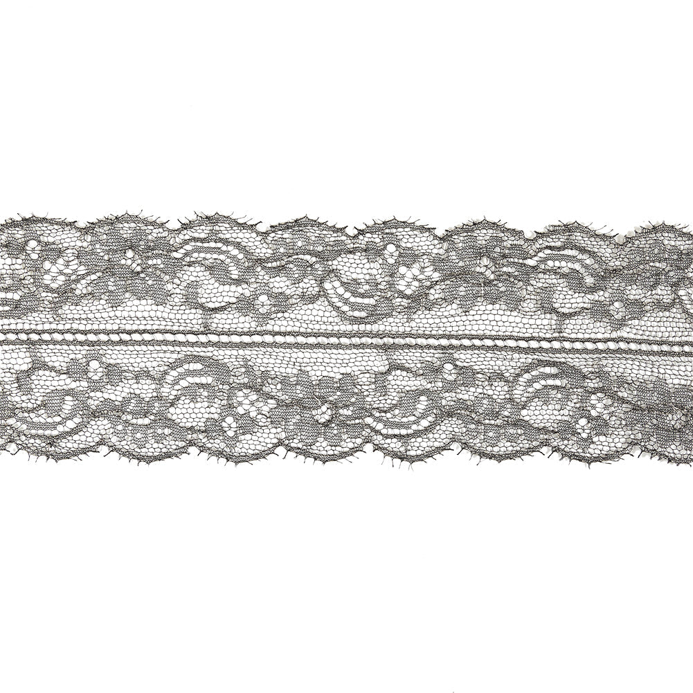 Black and Metallic Silver Floral Chantilly Lace Trim with Eyelash Fringe - 3.25"