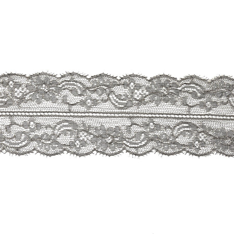 Black and Metallic Silver Floral Chantilly Lace Trim with Eyelash Fringe - 3.25"