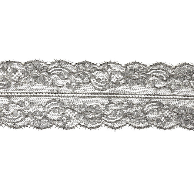 Black and Metallic Silver Floral Chantilly Lace Trim with Eyelash Fringe - 3.25"