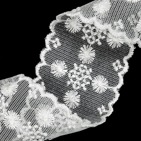 White Floral and Geometric Embroidered Lace Trim with Scalloped Edges - 2.125"