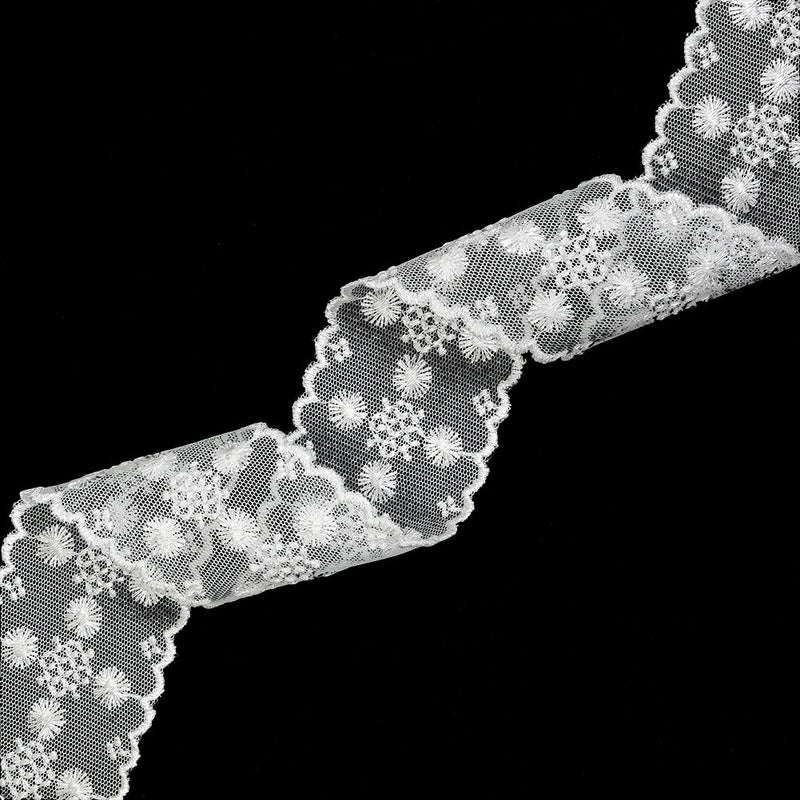White Floral and Geometric Embroidered Lace Trim with Scalloped Edges - 2.125"
