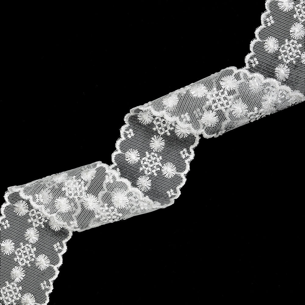 White Floral and Geometric Embroidered Lace Trim with Scalloped Edges - 2.125"