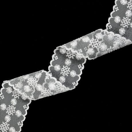 White Floral and Geometric Embroidered Lace Trim with Scalloped Edges - 2.125"