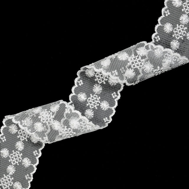White Floral and Geometric Embroidered Lace Trim with Scalloped Edges - 2.125"