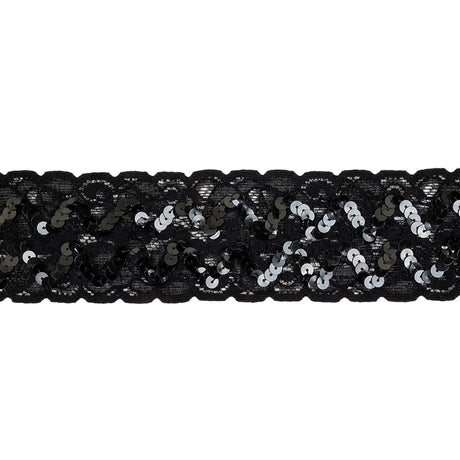 Black Sequined Zig Zags on Classical Lace Trim - 2.375"