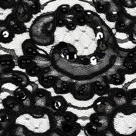 Black Abstract Beaded and Sequined Corded Lace Trim - 4.75"