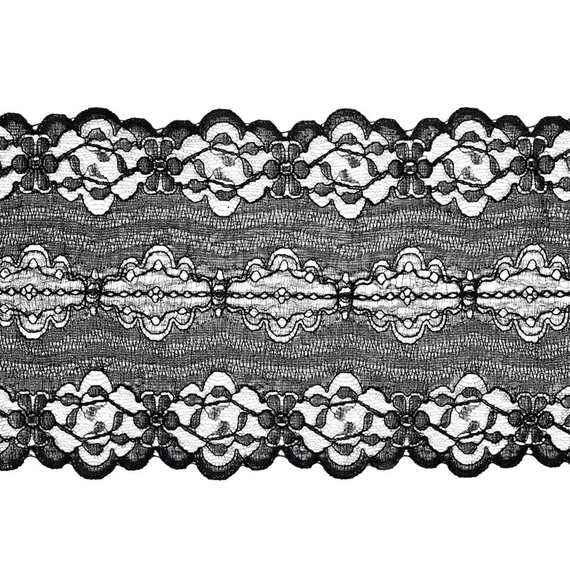 Black Floral and Abstract Re-Embroidered Lace Trim with Scalloped Edges - 5.25"