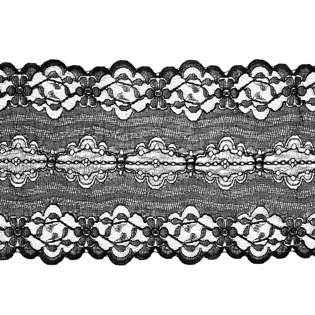 Black Floral and Abstract Re-Embroidered Lace Trim with Scalloped Edges - 5.25"