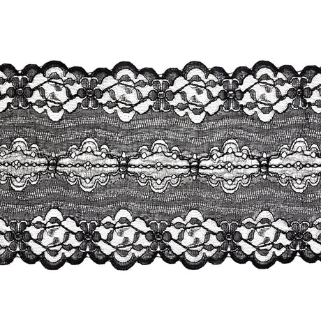 Black Floral and Abstract Re-Embroidered Lace Trim with Scalloped Edges - 5.25"