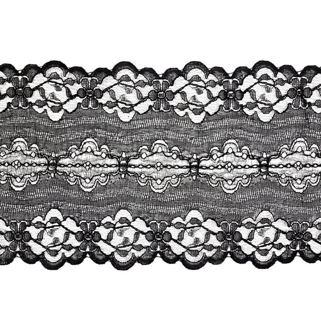Black Floral and Abstract Re-Embroidered Lace Trim with Scalloped Edges - 5.25"