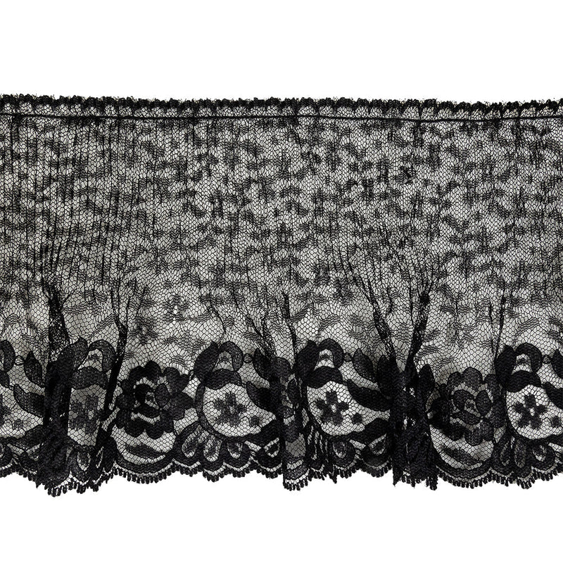 Black Floral Pleated and Ruffled Lace Trim with Scalloped Edge - 5.5"
