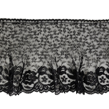 Black Floral Pleated and Ruffled Lace Trim with Scalloped Edge - 5.5"