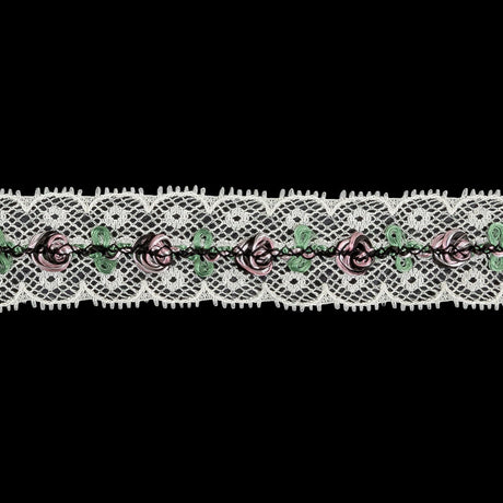 Festival Bloom, Spring Bouquet and Black Embroidered Roses on Whisper White Lace Trim - 0.875"
