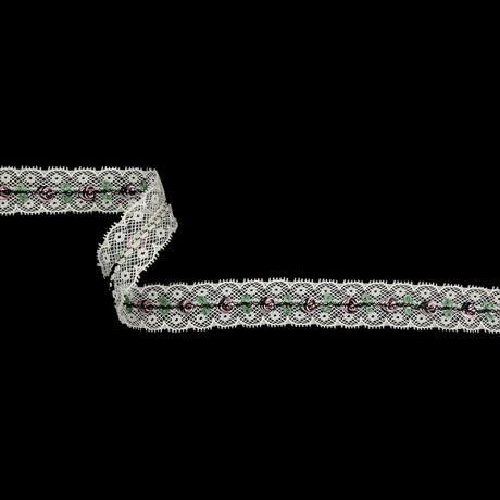 Festival Bloom, Spring Bouquet and Black Embroidered Roses on Whisper White Lace Trim - 0.875"