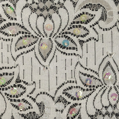 White and Iridescent Beaded and Sequined Floral Stretch Lace Trim - 6"