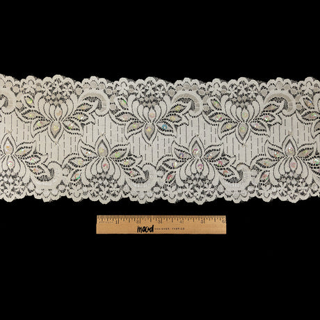 White and Iridescent Beaded and Sequined Floral Stretch Lace Trim - 6"