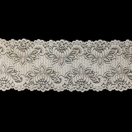 White and Iridescent Beaded and Sequined Floral Stretch Lace Trim - 6"