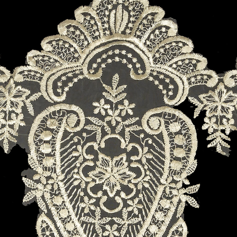 Ivory Paisley and Floral Oversized Embroidered Organza Lace Trim - 14"