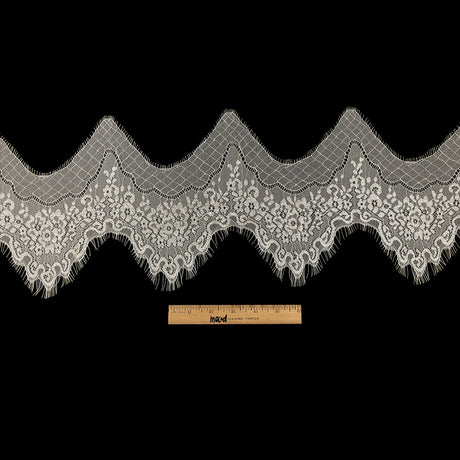 White Alyssum Floral Zig Zag Chantilly Lace Trim with Eyelash Fringe - 8.5" x 3yd